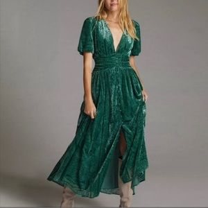 Anthropologie Velvet Burnout Puff Sleeve Maxi Dress